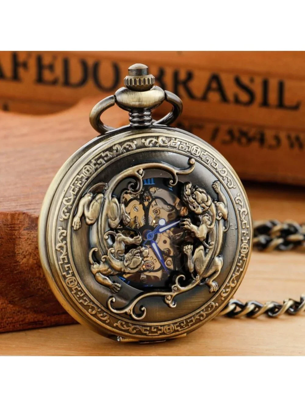 Men's Gold Bronze Wild Animals Skeleton Roman Numerals Mechanical Pocket Watch